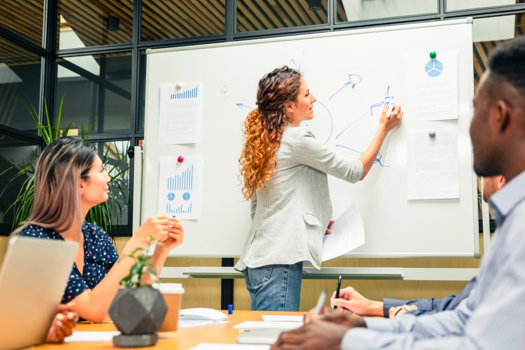 Businesswoman presentation conductor manager coach drawing writing plan on whiteboard presenting new corporate strategy teaching employees team at group training seminar meeting in boardroom office